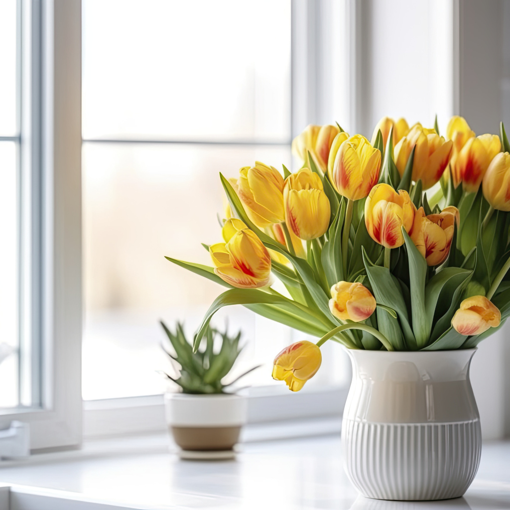 Букет желтых тюльпанов в вазе у окна