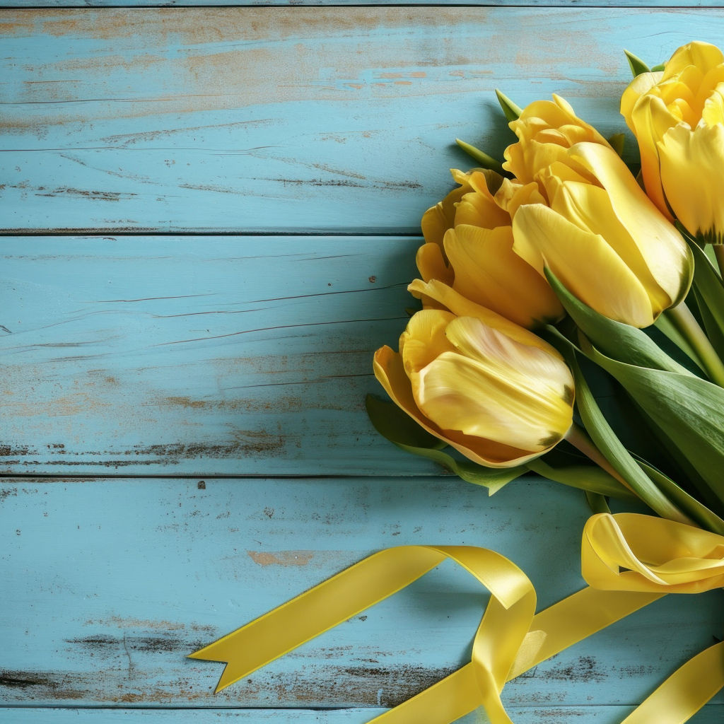 Букет желтых тюльпанов с лентой на голубом столе