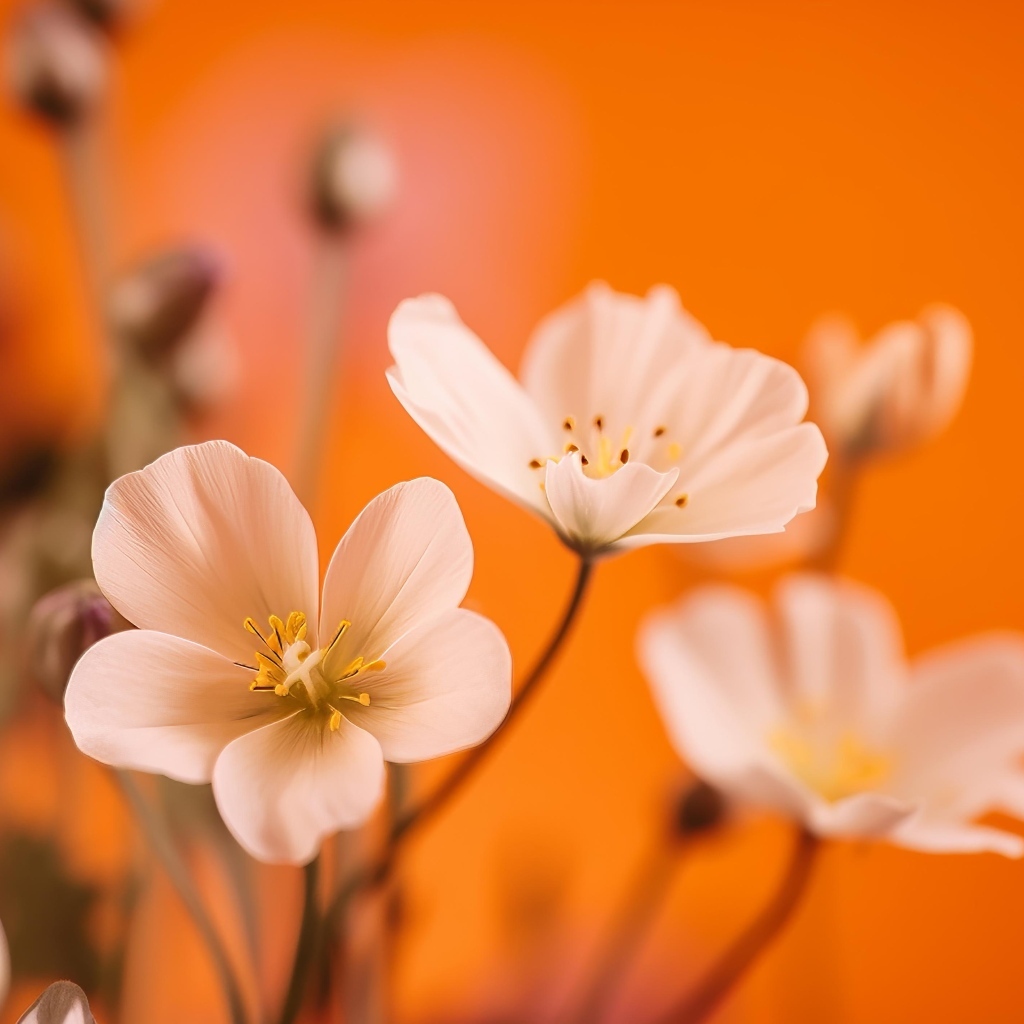 Нежные белые маленькие цветы на оранжевом фоне
