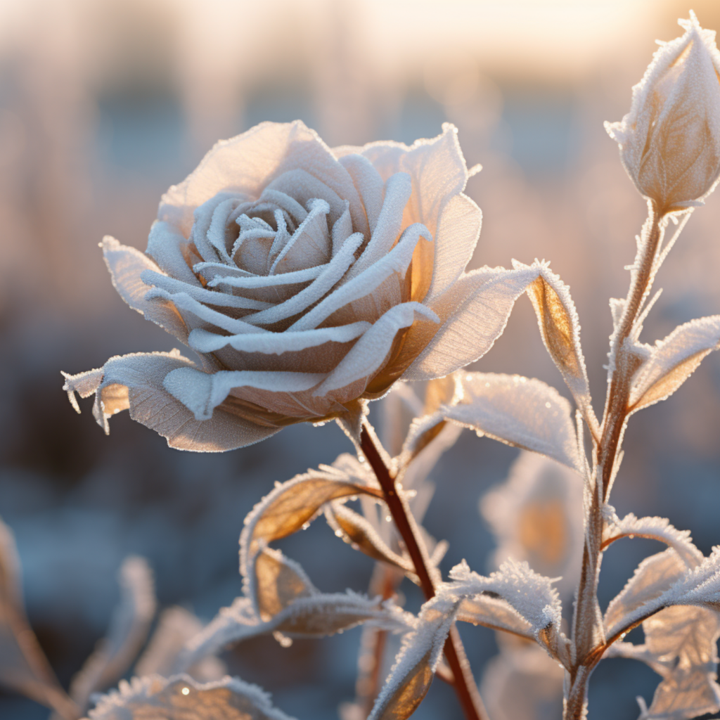 Покрытая инеем роза с бутоном в лучах солнца