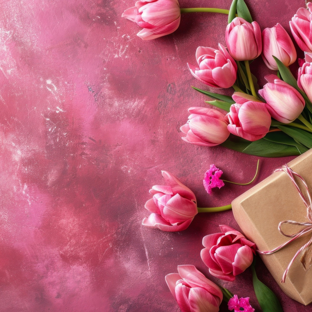 Подарок и красивый букет тюльпанов на необычном розовом фоне