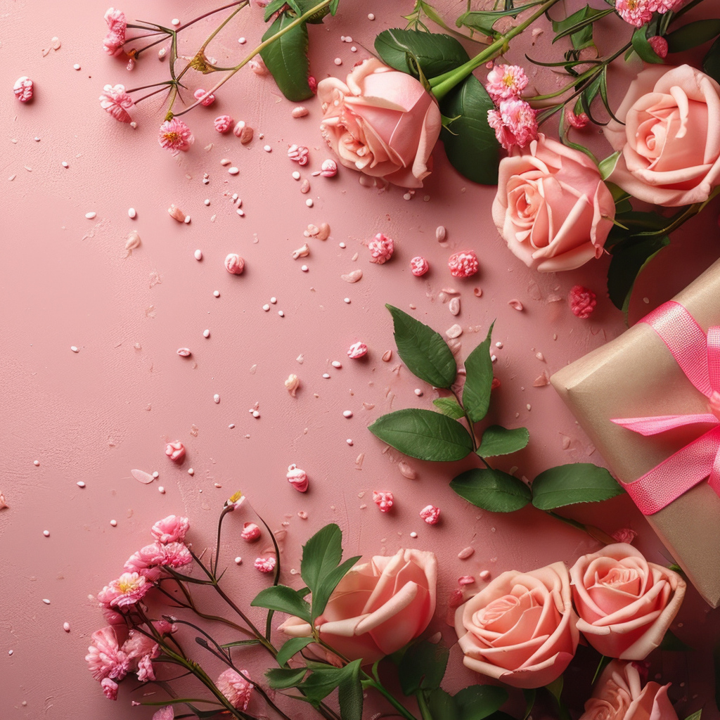 Подарок с розами на розовом фоне