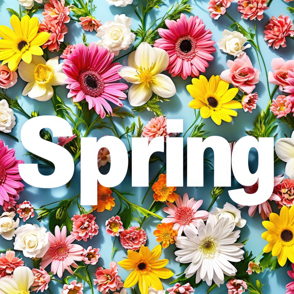 Много разноцветных цветов на голубом фоне с надписью весна