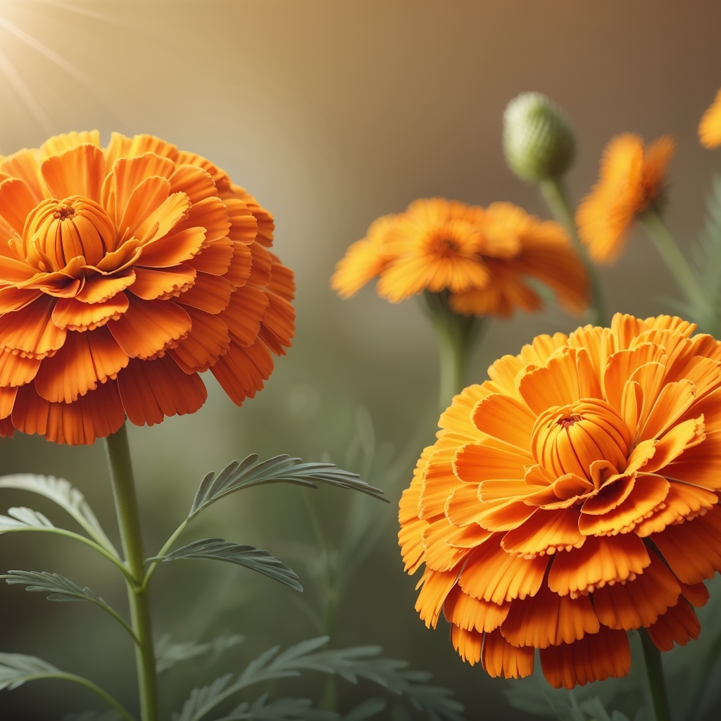 Оранжевые цветы бархатцы в лучах солнца