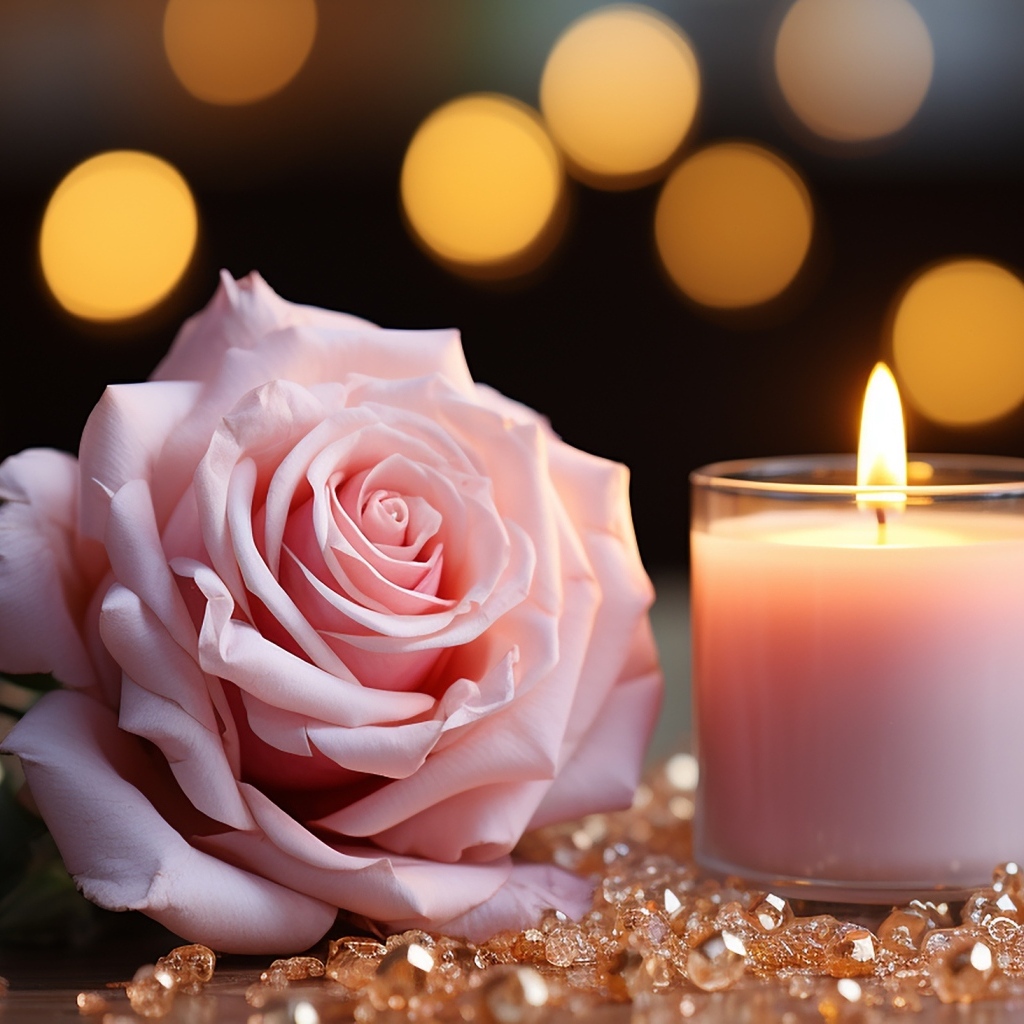 Розовая роза с зажженной свечой и камнями