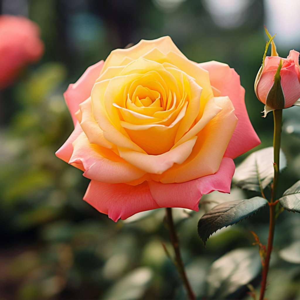 Розовая роза с желтой серединкой с бутоном