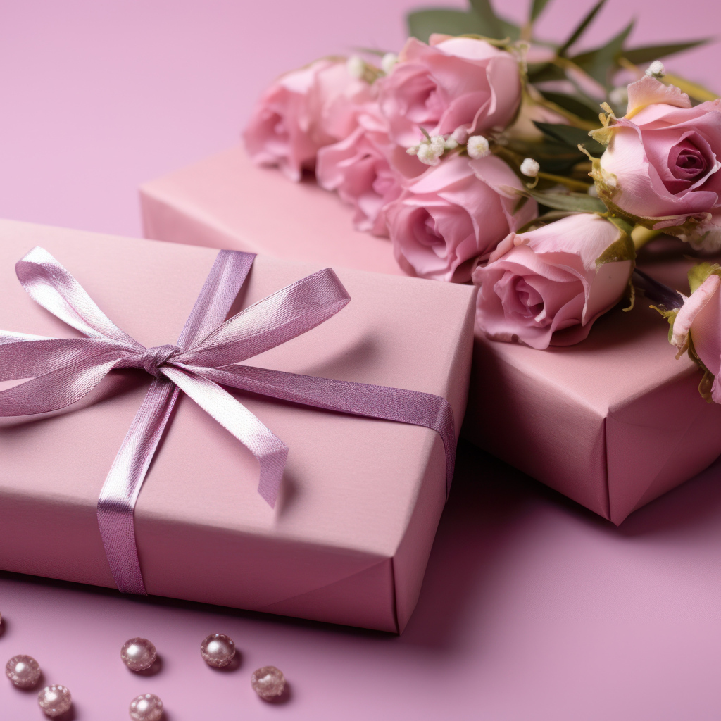 Розовые розы с подарками на столе