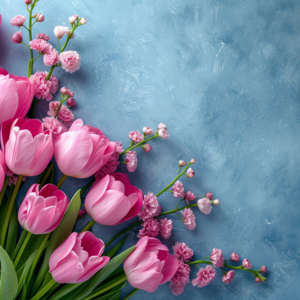 Розовые тюльпаны и гипсофила на сером столе