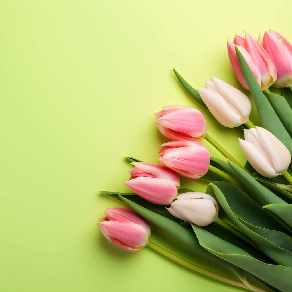 Розовые тюльпаны на зеленом фоне, шаблон 