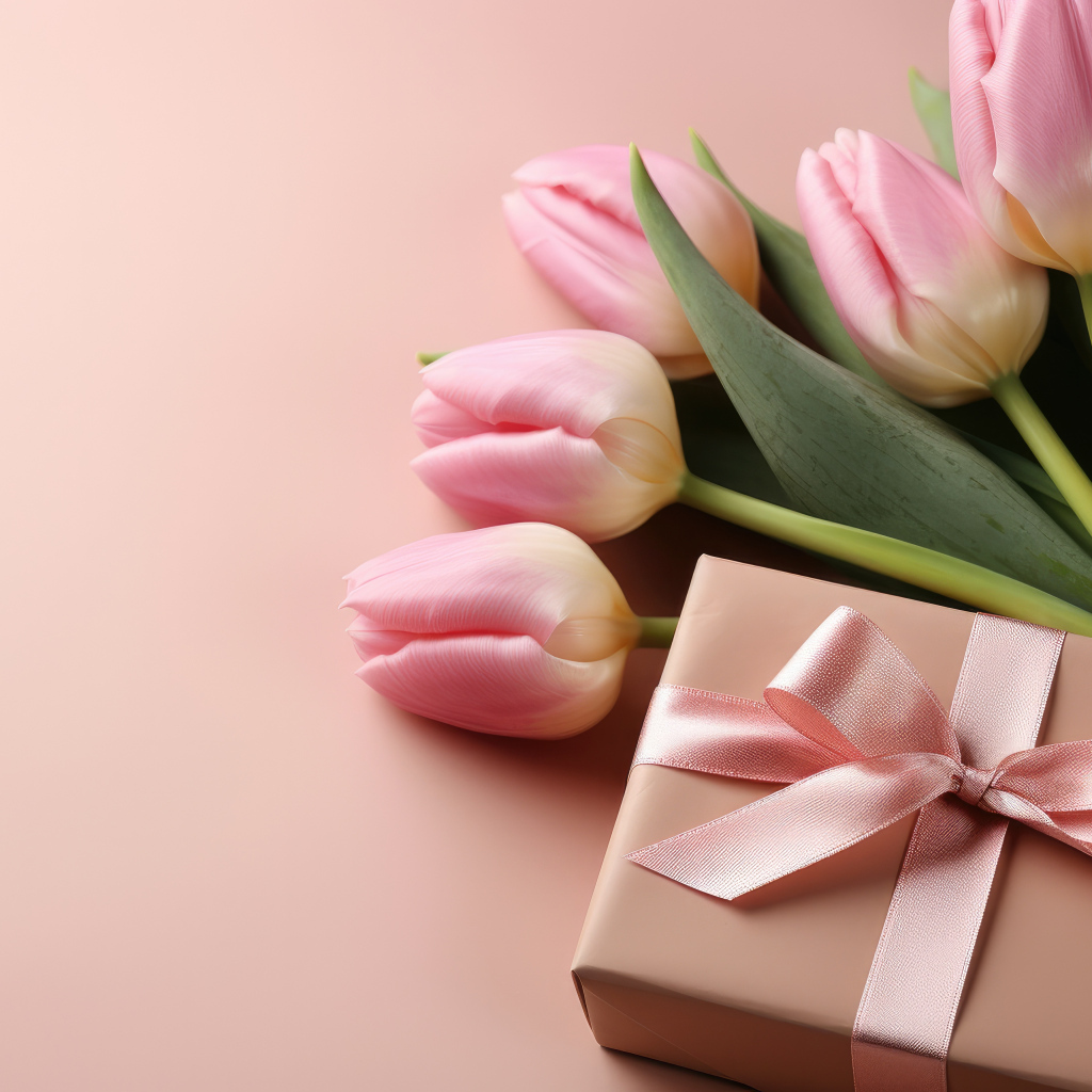 Розовые тюльпаны с подарком на столе