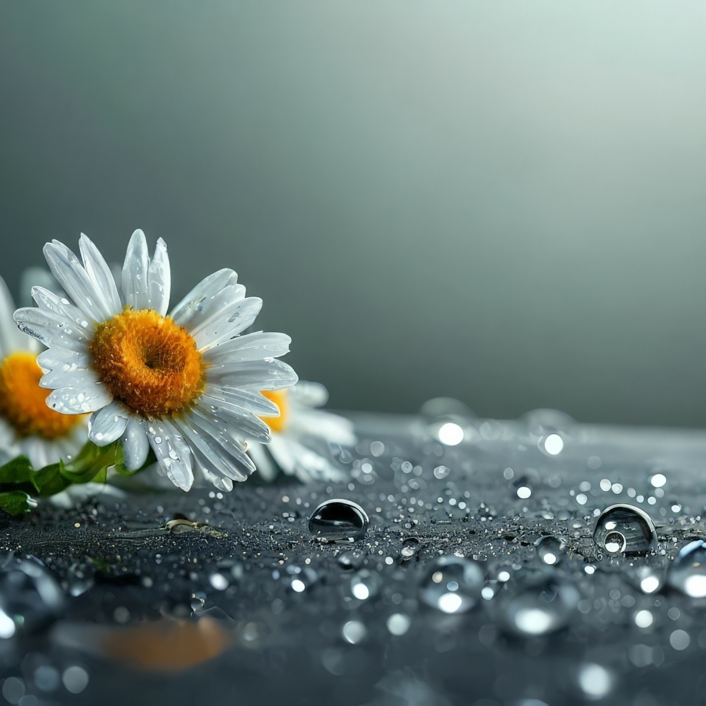 Несколько ромашек лежат на поверхности, покрытой каплями воды