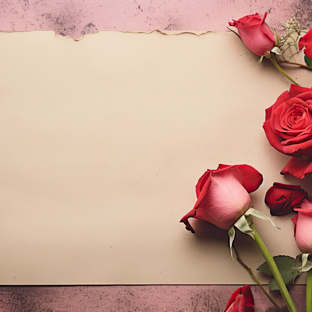 Лист бумаги  с красными розами, шаблон открытки