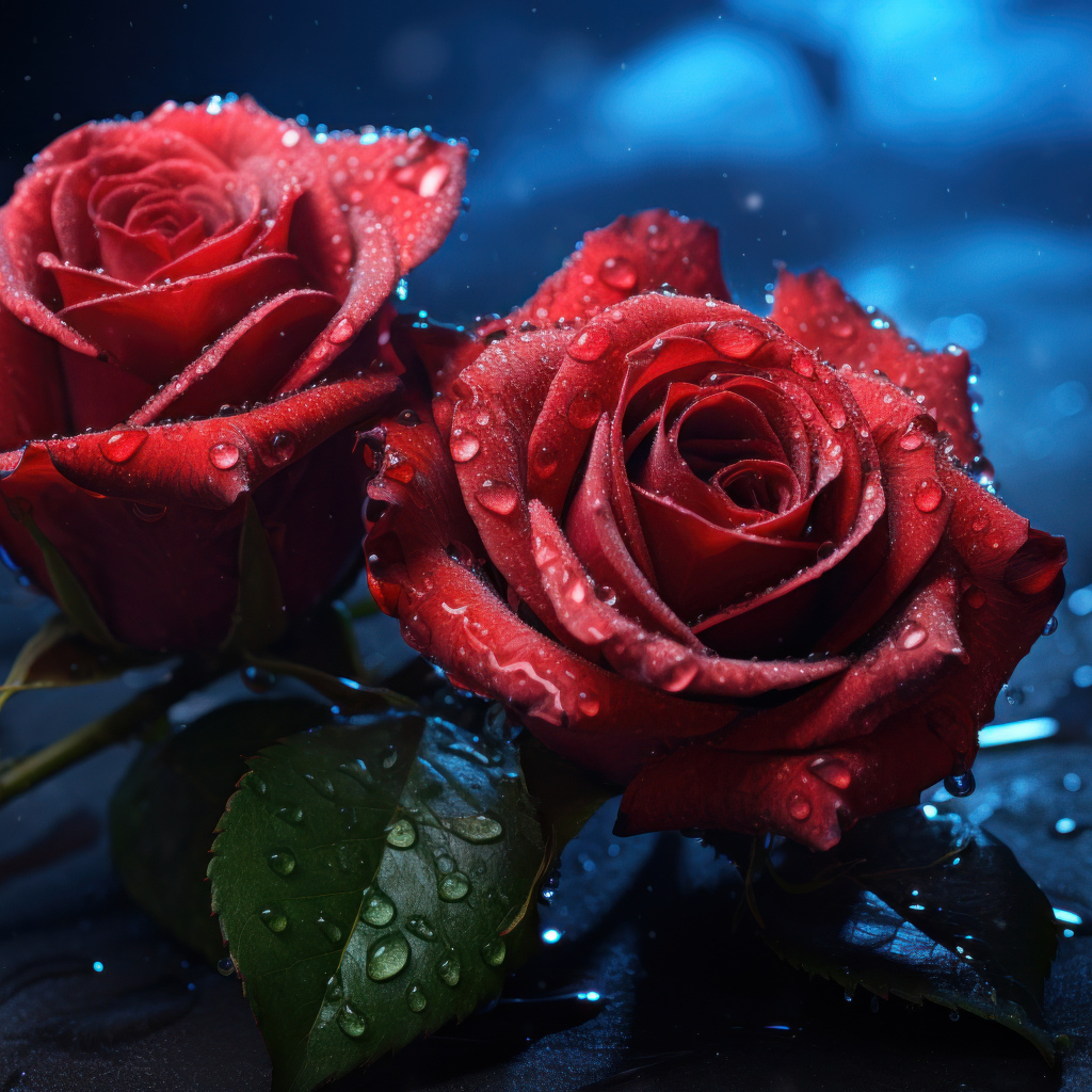 Две красные розы на черной поверхности под дождем