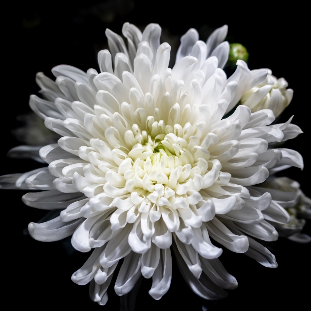 Белый осенний цветок хризантемы на черном фоне крупным планом