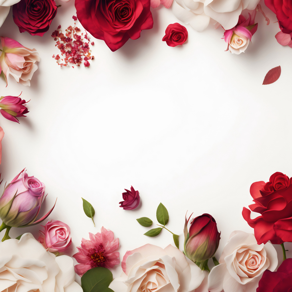 Белый фон с сорванными цветами розы