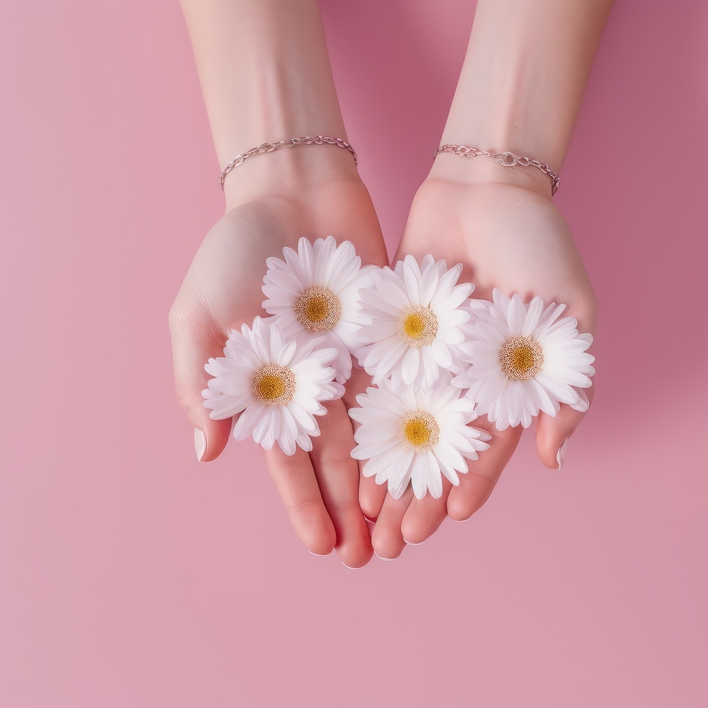 Белые цветы ромашки в ладонях на розовом фоне