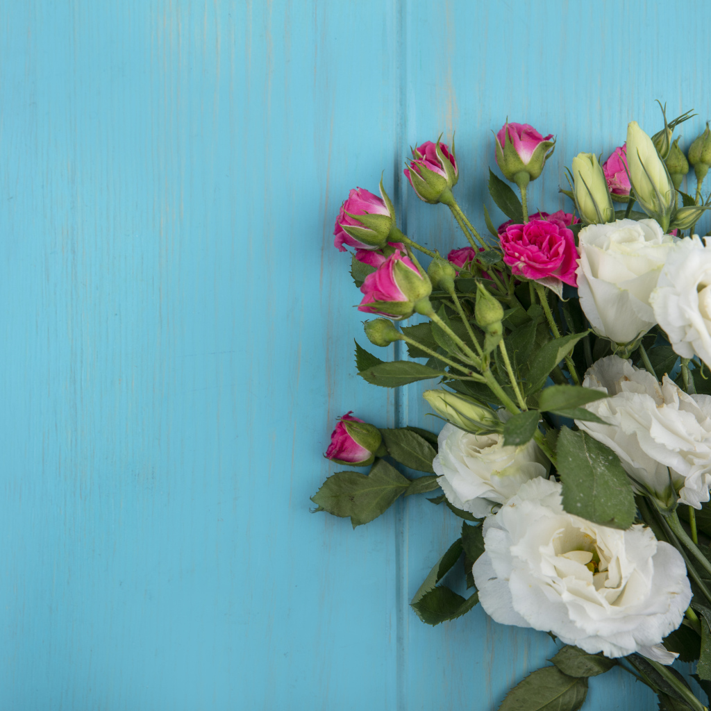 Белые цветы эустомы с розовыми розами на голубом фоне