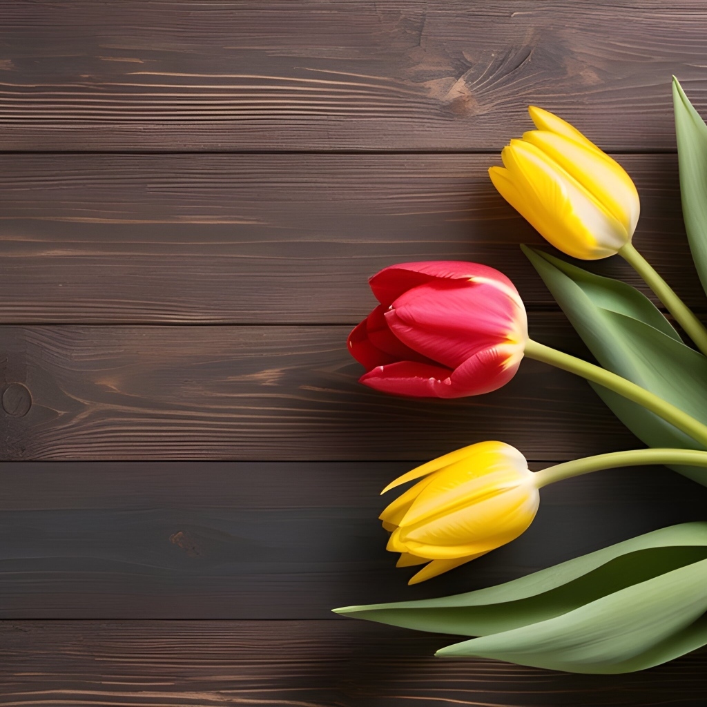 Желтые и розовые тюльпаны на деревянном столе