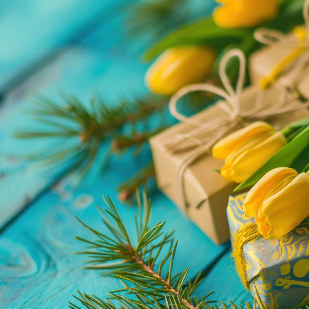Желтые тюльпаны, еловые ветки и подарки на голубом столе