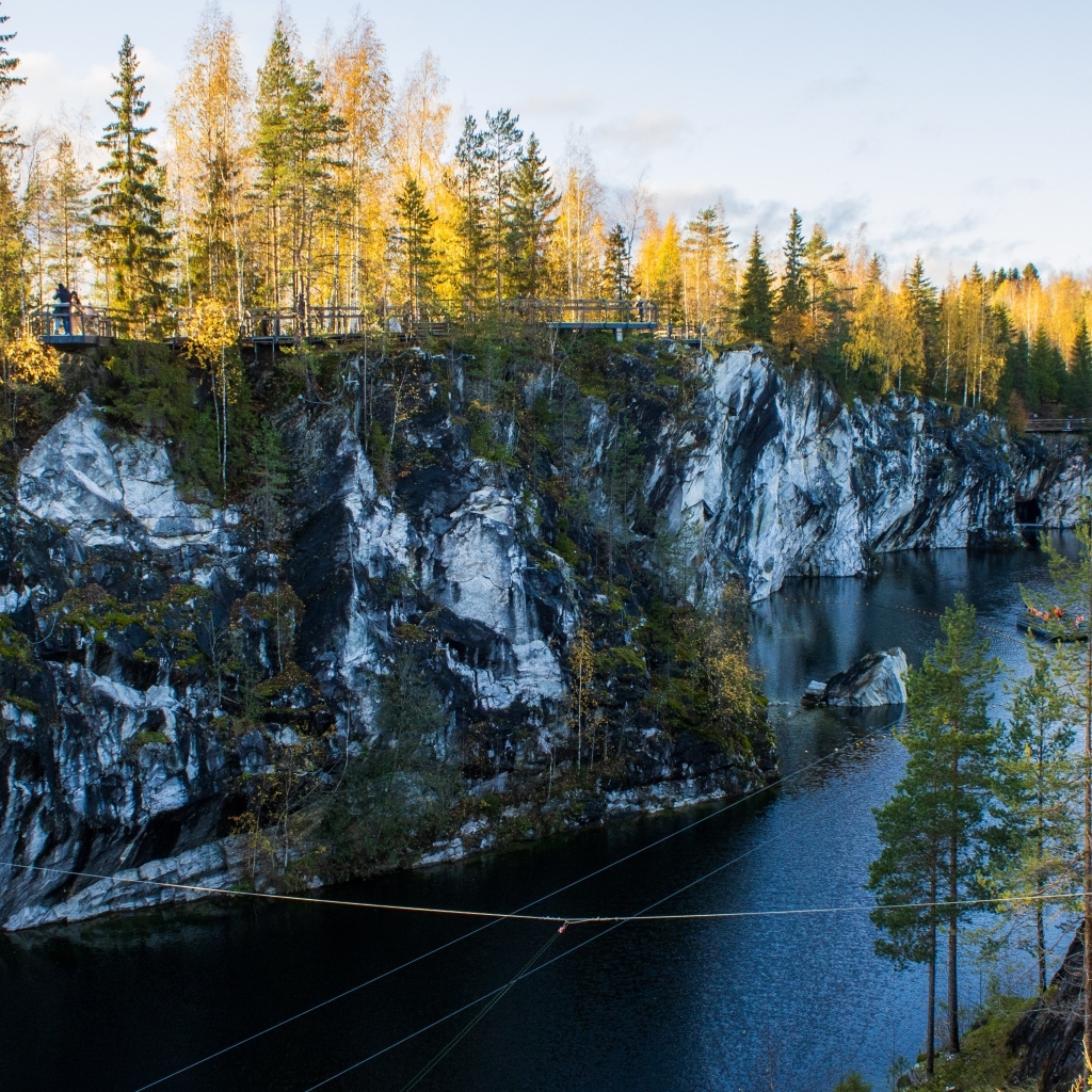 Вид на утес покрытый деревьями у воды