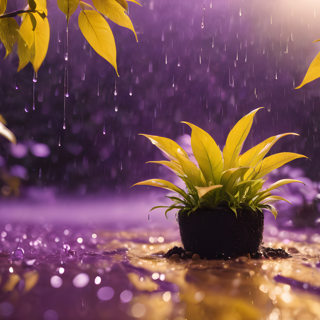 Зеленое растение стоит под дождем