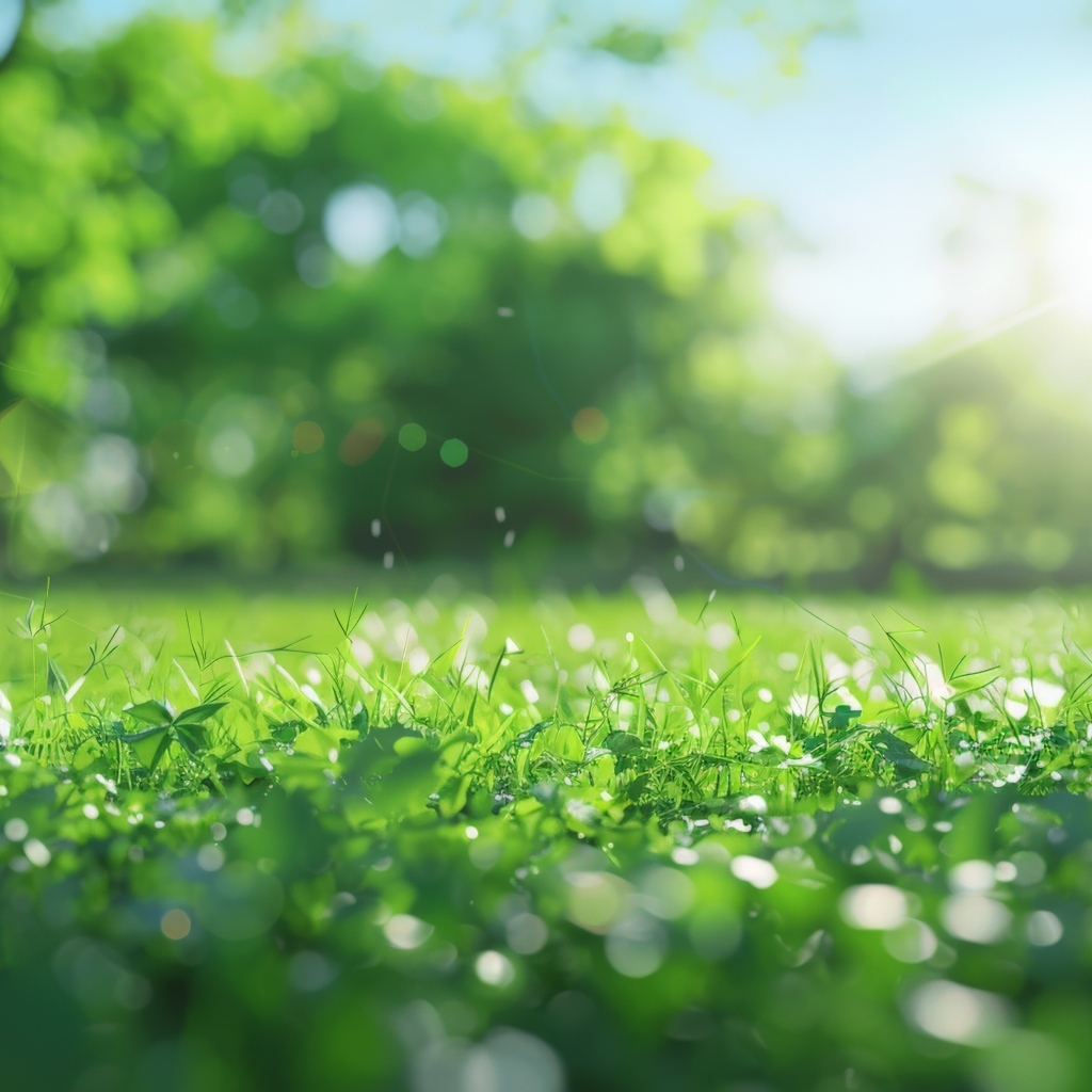 Зеленая молодая трава в лучах солнца летом