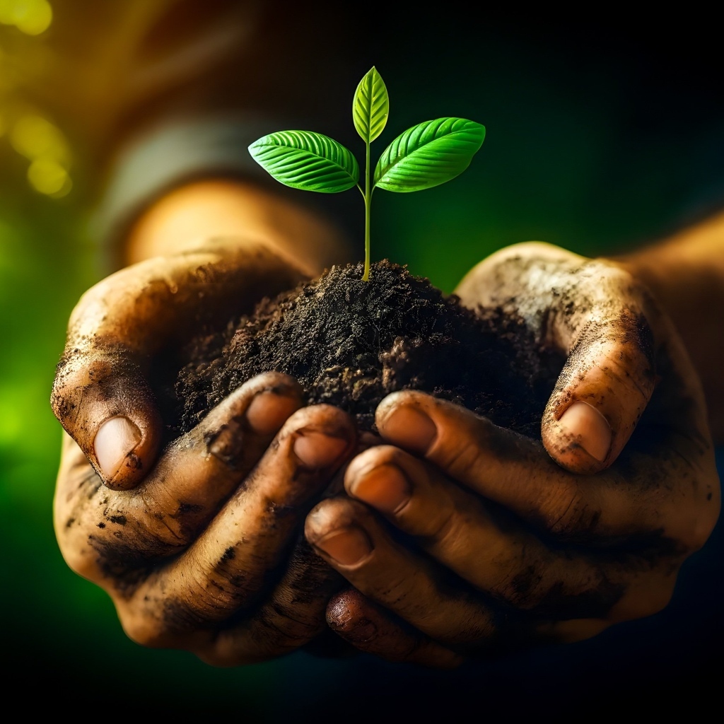 Росток в земле в ладонях мужчины