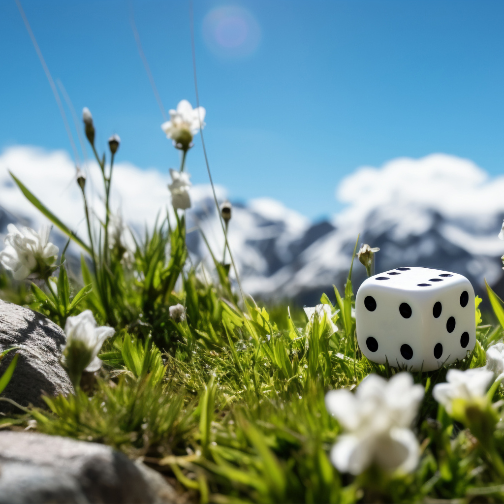 Кубик лежит на зеленой траве в горах