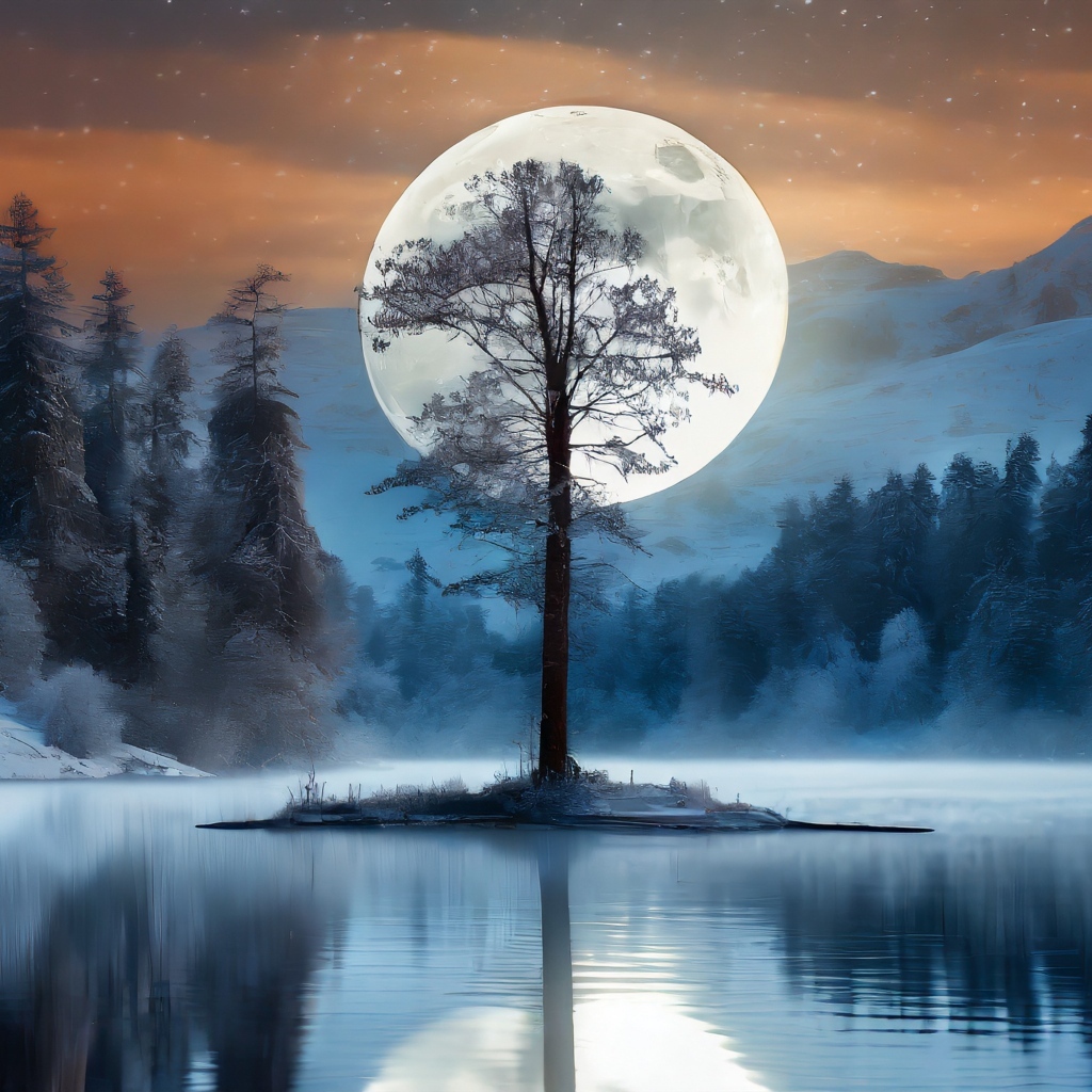 Большая белая луна за одиноким деревом у озера в горах