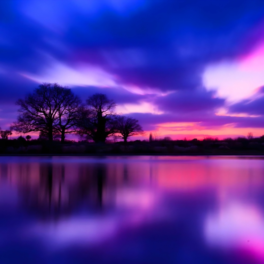 Красивый фиолетовый закат над озером