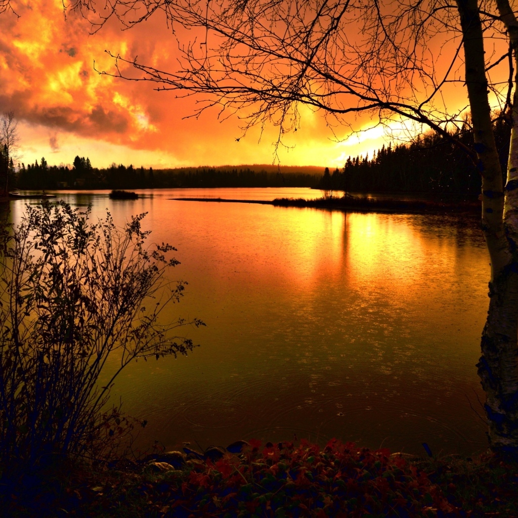 Спокойная гладь реки на закате солнца осенью 