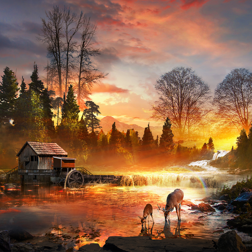 Закат солнца у лесной реки со старым домом