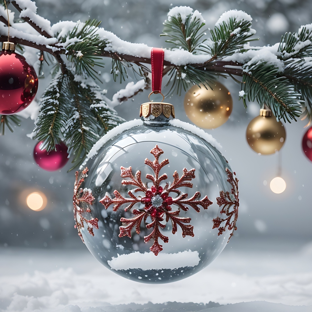 Красивый стеклянный шар со снежинкой на елке