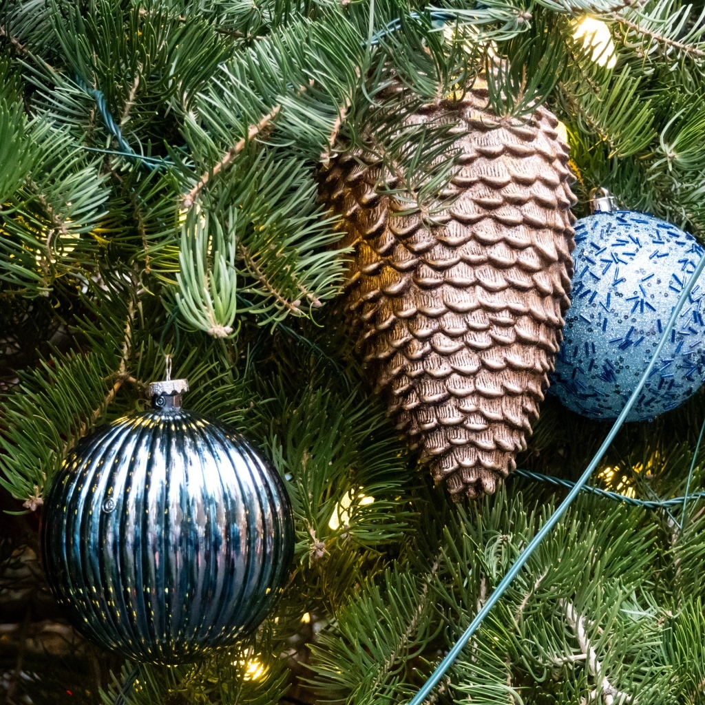 Красивые игрушки на зеленых еловых ветках