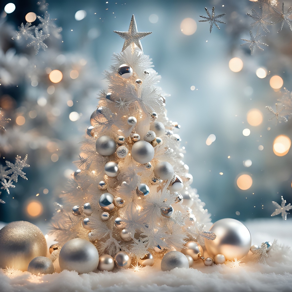 Красивая белая елка с шариками