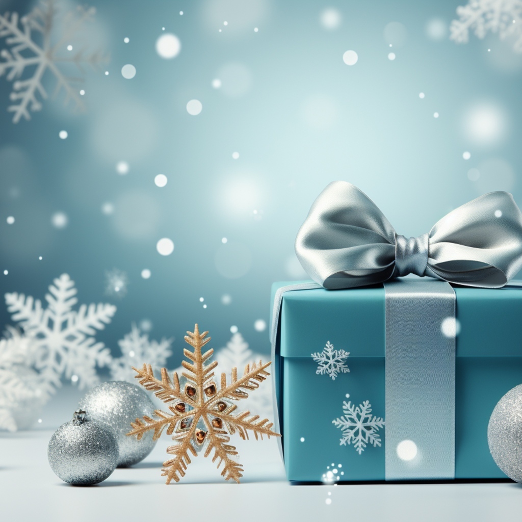 Подарок с игрушками на елку, шаблон для новогодней открытки