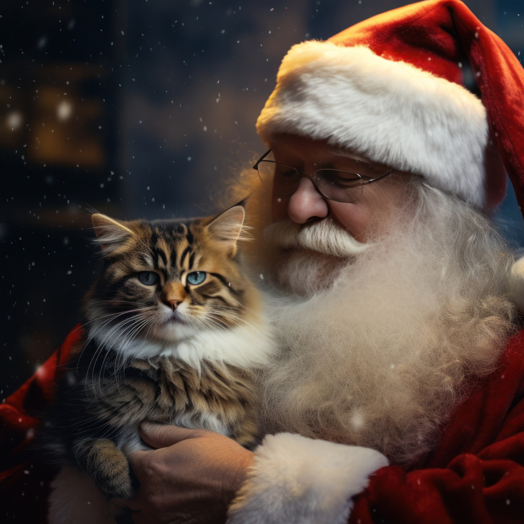 Дед мороз с красивым серым котом в руках