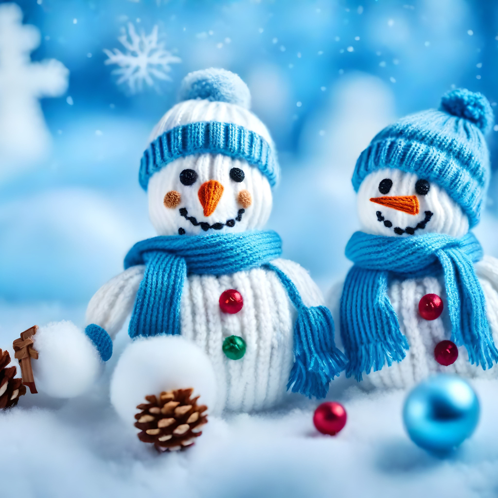 Два снеговика в шапках на снегу с шишками