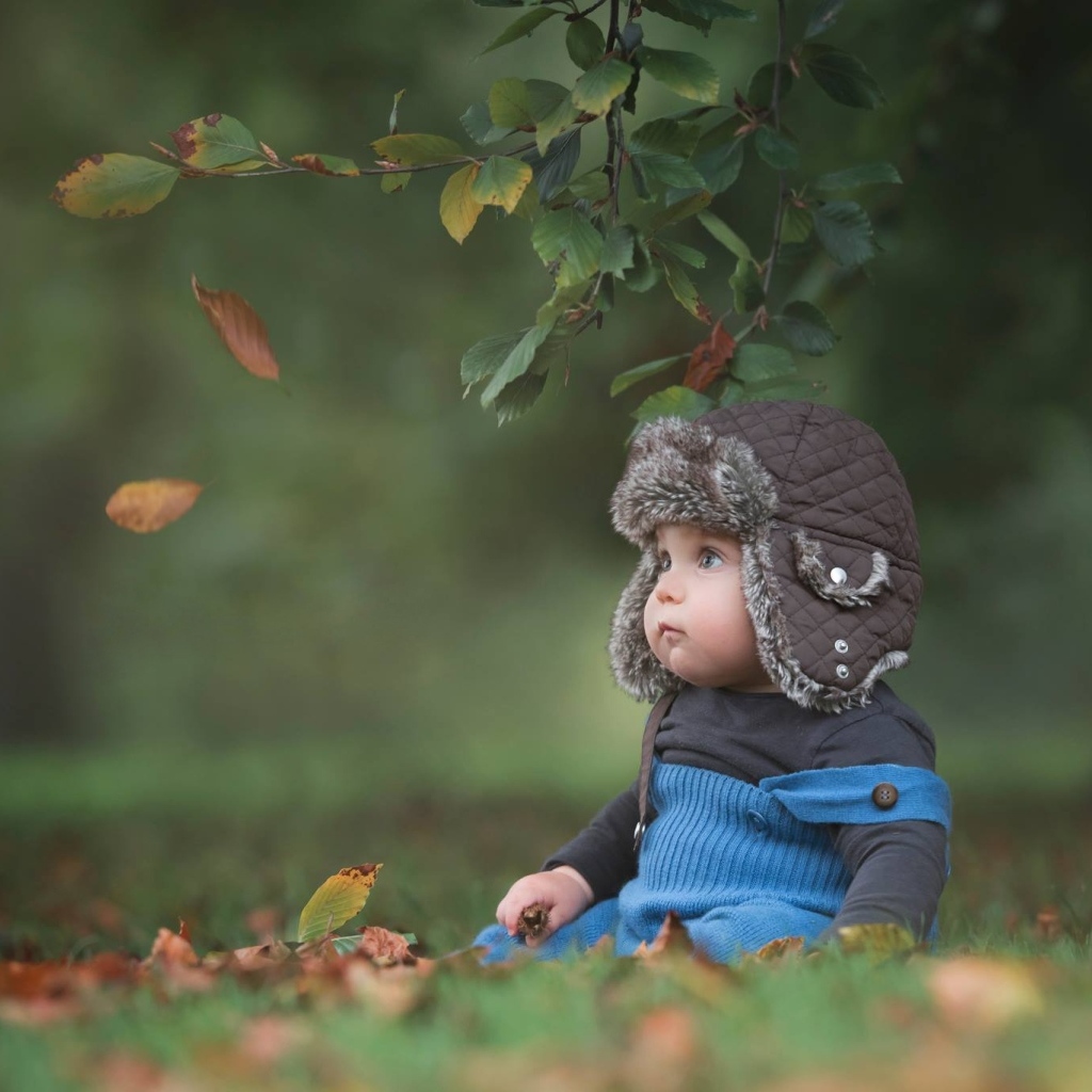 Карапуз в шапке сидит под деревом осенью