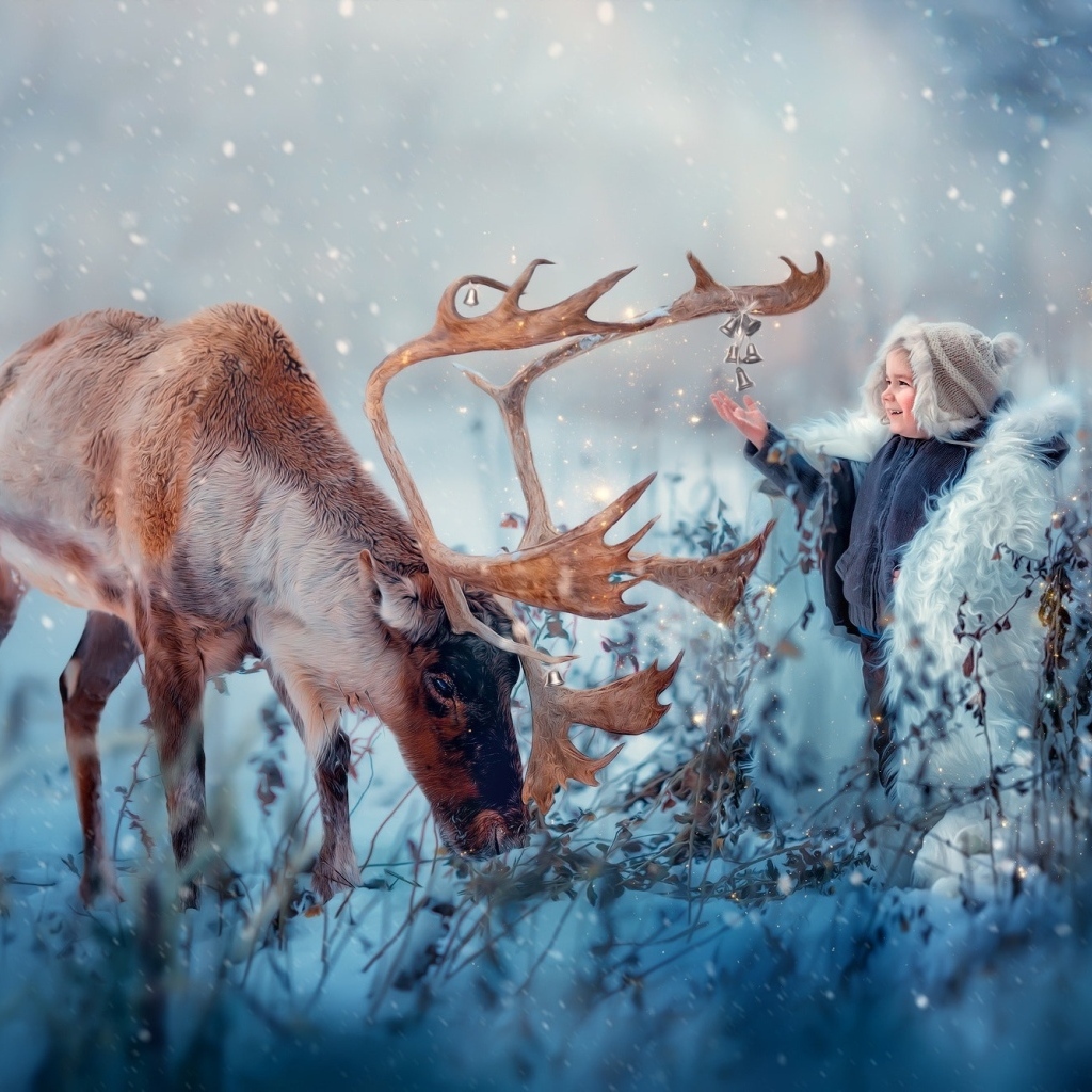 Мальчик с северным оленем играет колокольчиком