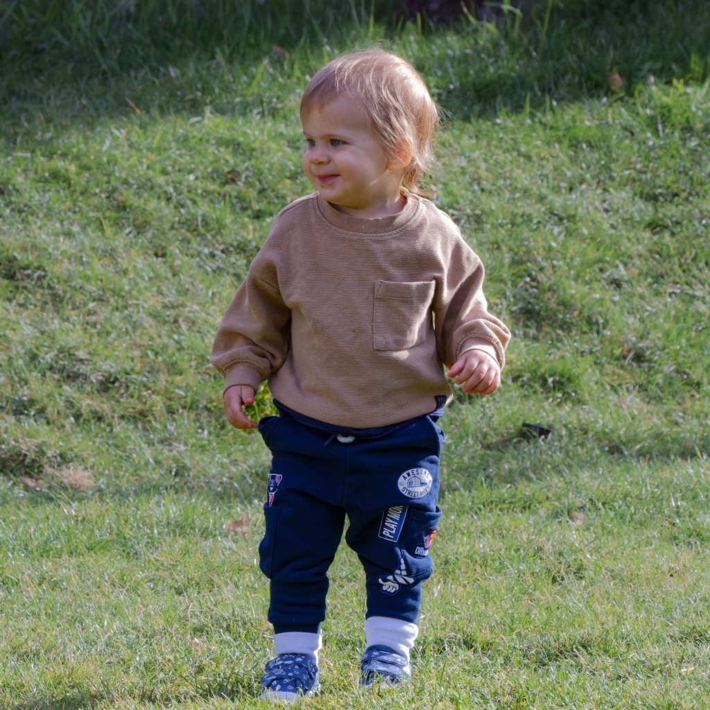 Веселый маленький мальчик гуляет на природе