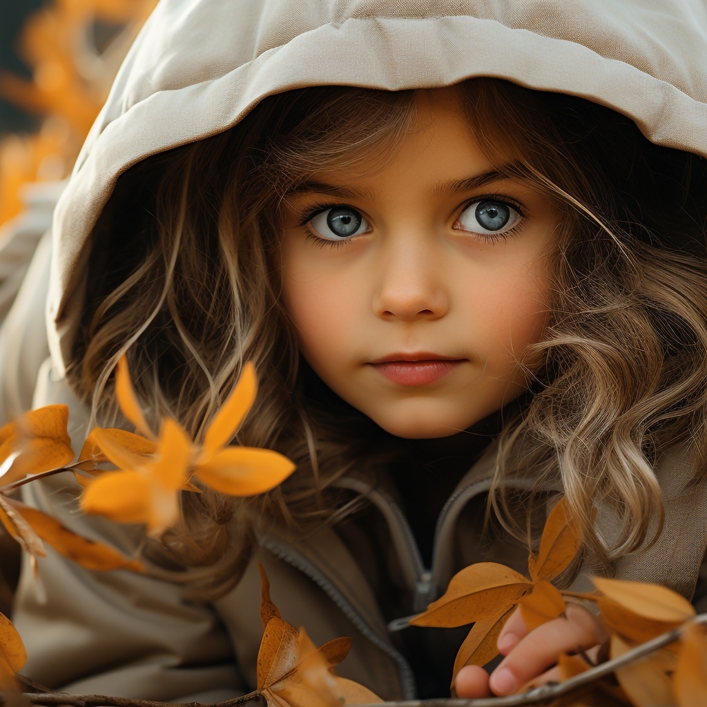 Маленькая голубоглазая девочка в куртке осенью 