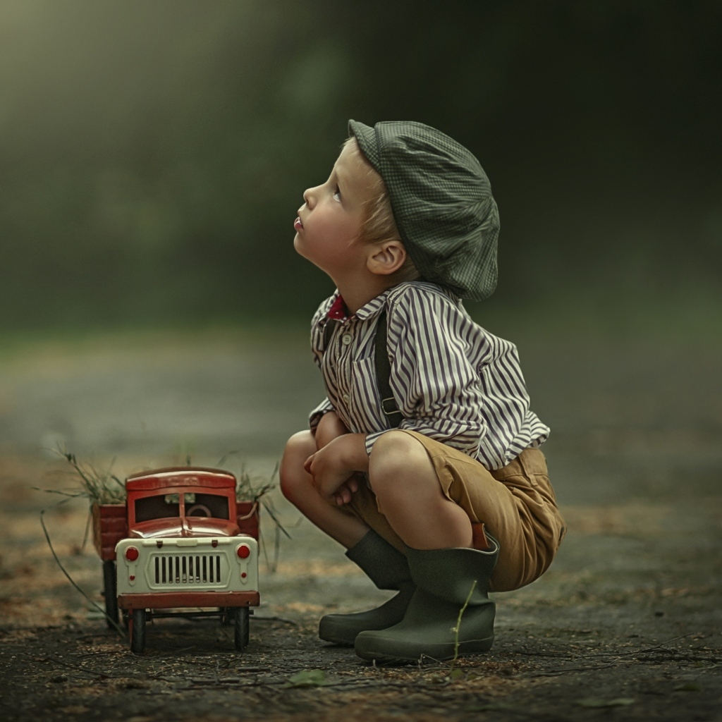 Маленький мальчик с игрушечным грузовиком