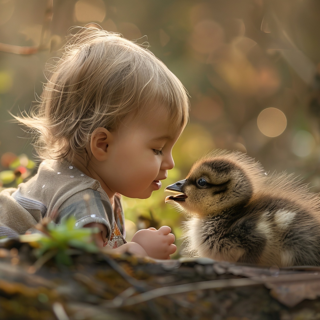 Маленький ребенок с утенком на земле