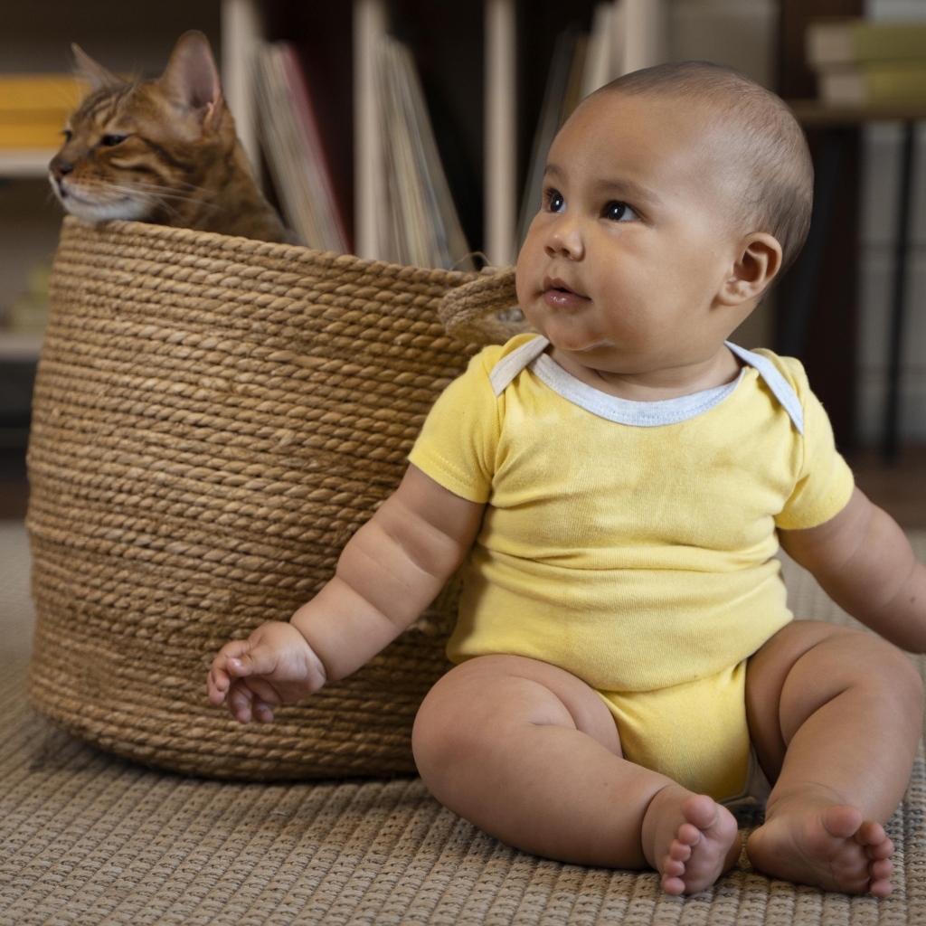 Маленький забавный ребенок с котом в корзине