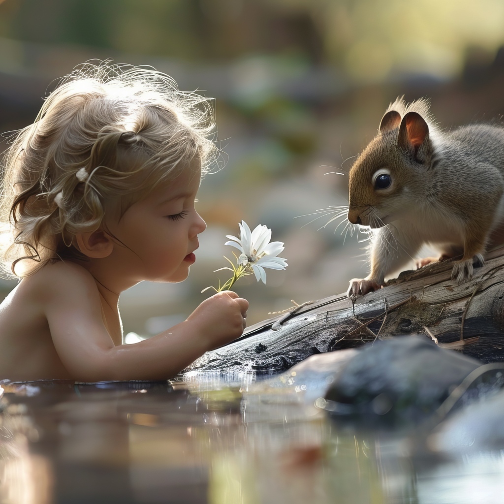 Маленькая девочка в воде с белкой