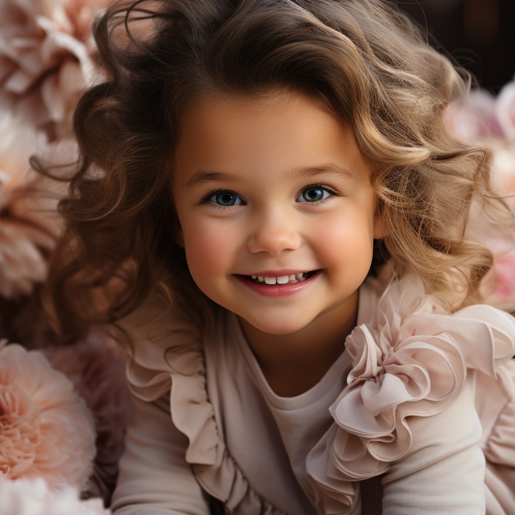 Маленькая улыбающаяся девочка в розовых цветах пиона