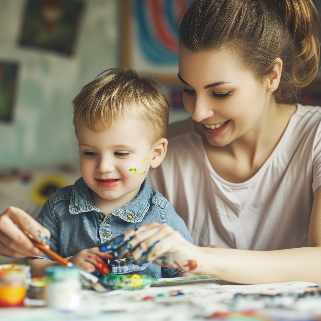 Мама рисует красками с сыном