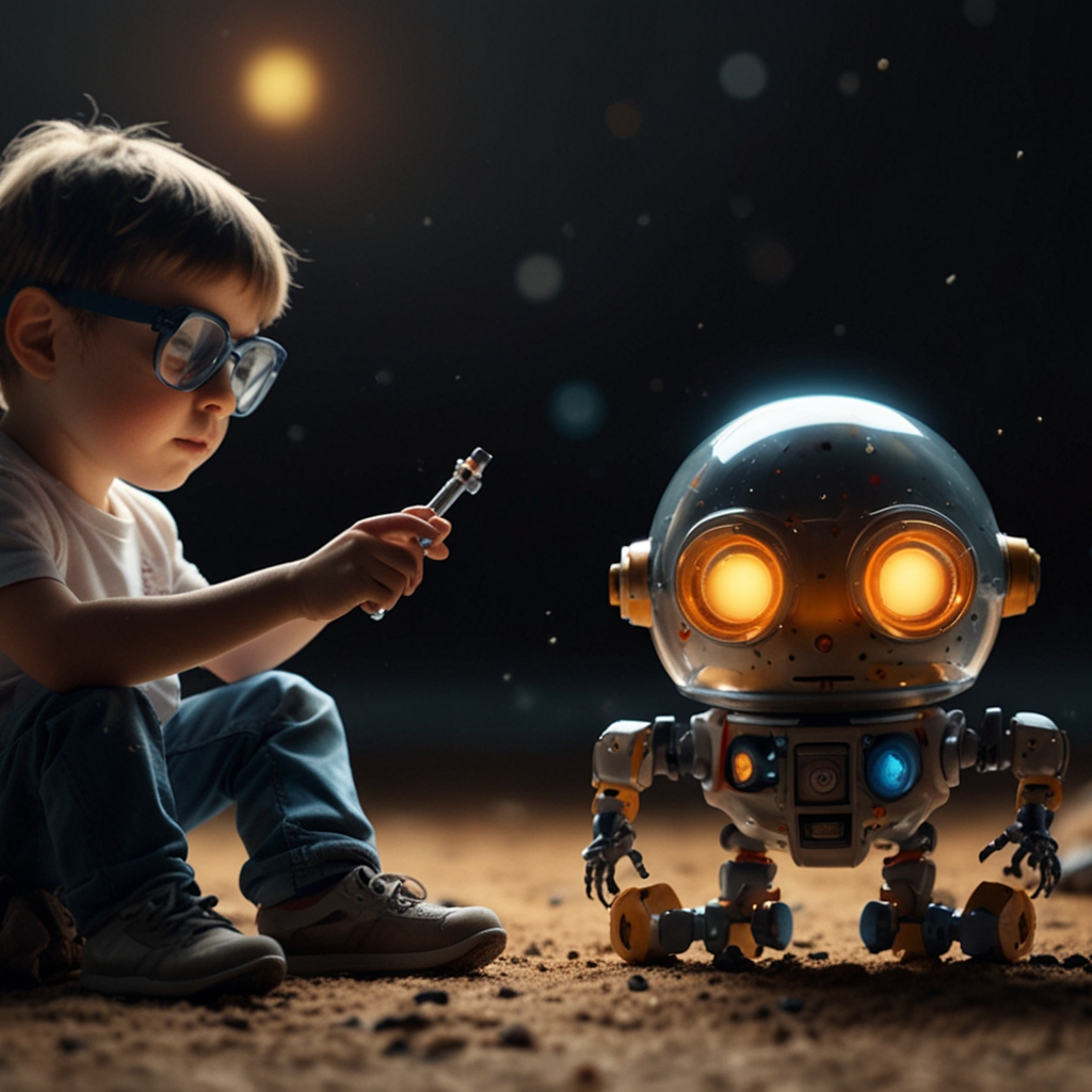 Мальчик ученый с роботом 