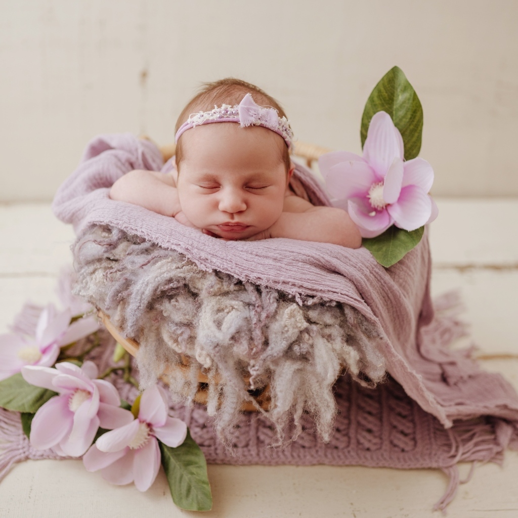 Спящая новорожденная малышка с цветами